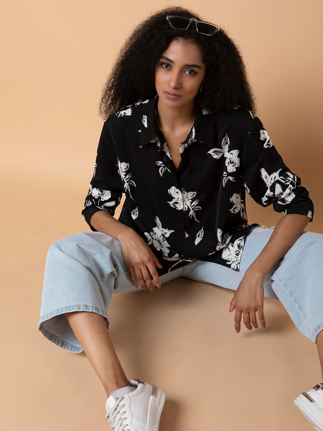 Women Floral Black Oversized Shirt