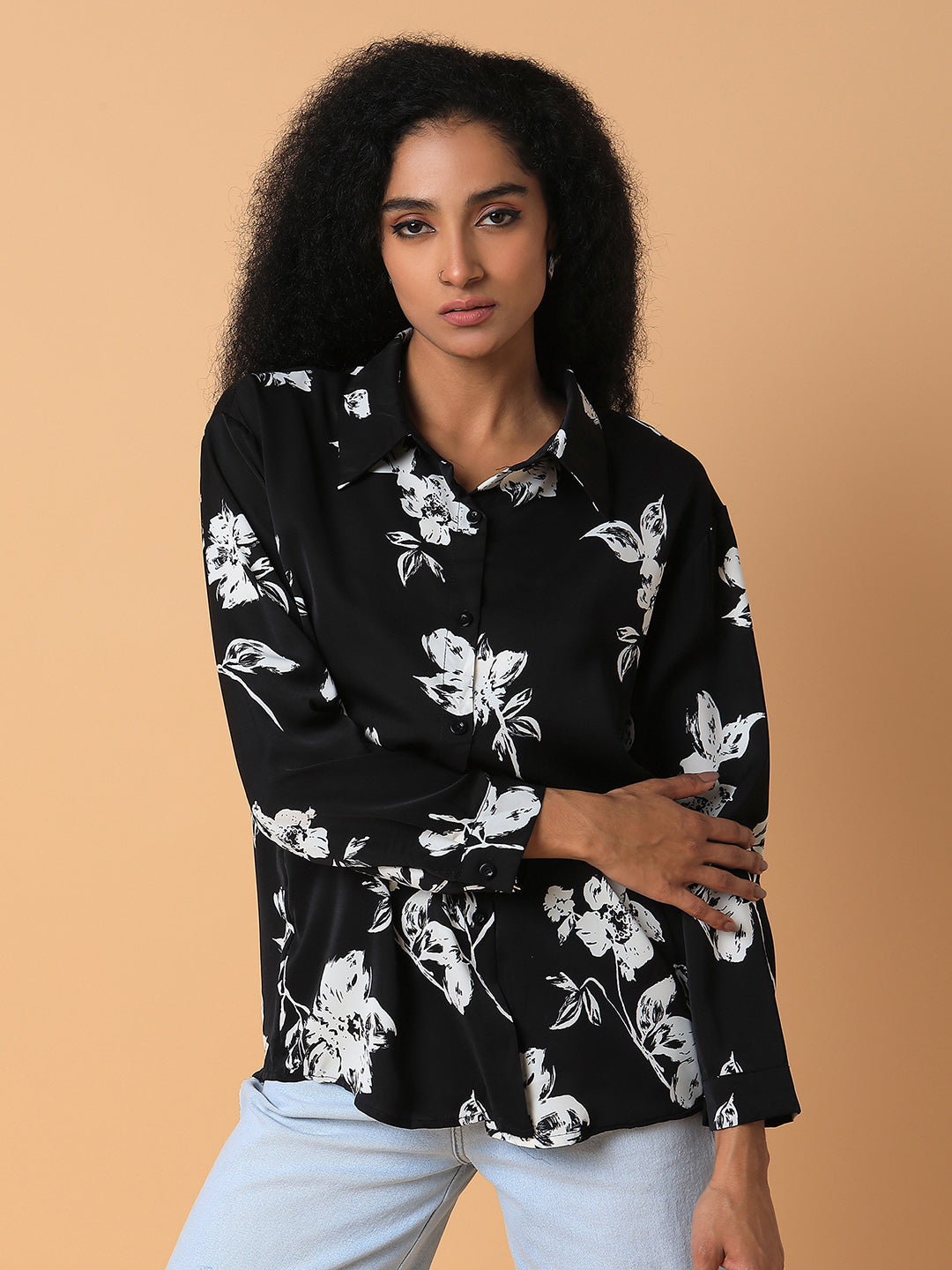Women Floral Black Oversized Shirt