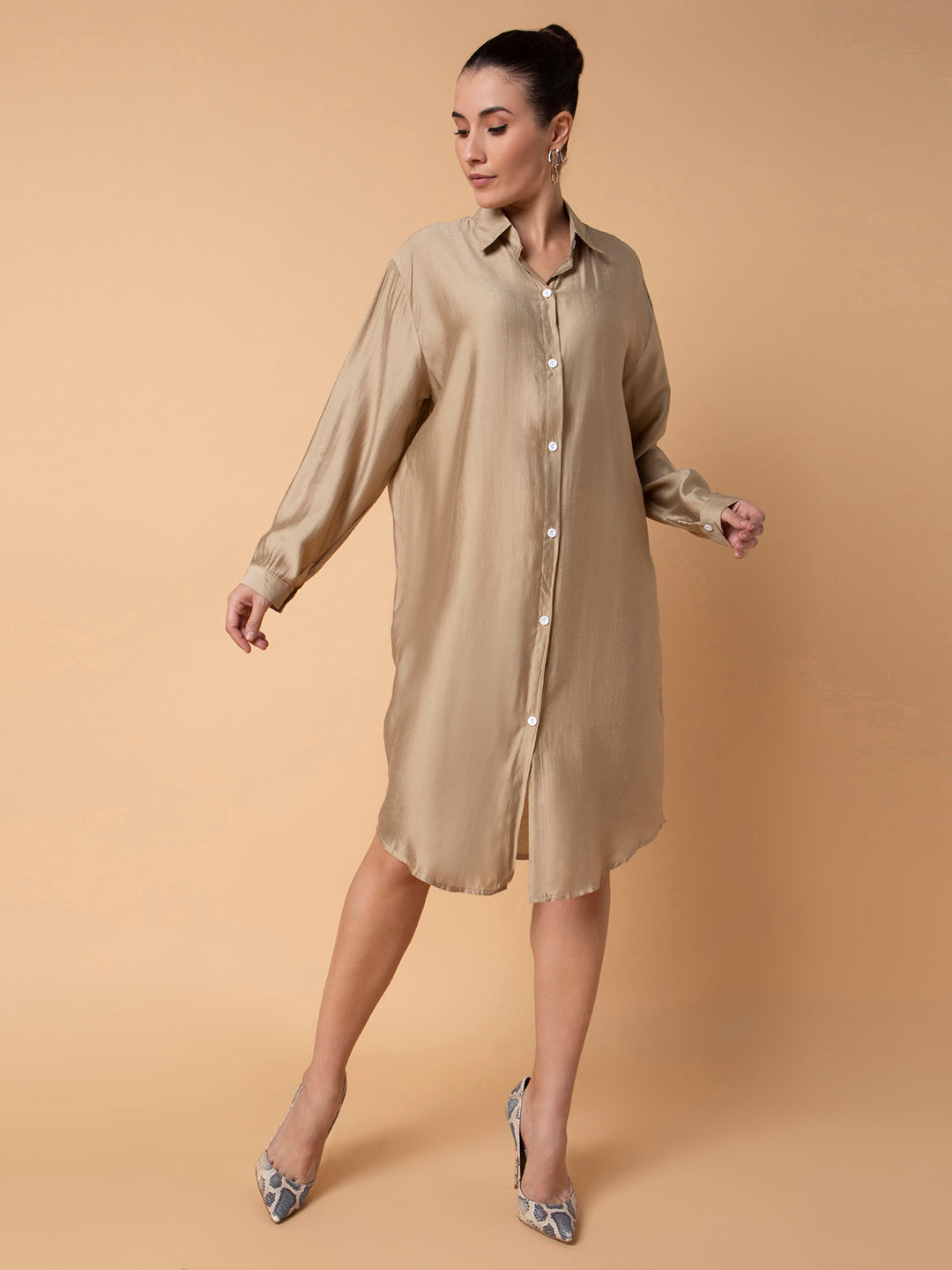 Women Solid Beige Midi Shirt Style Oversized Dress