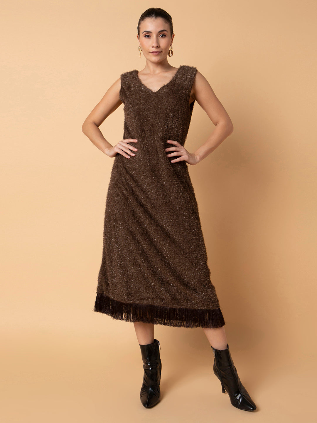 Women Solid Brown Maxi A-Line Dress