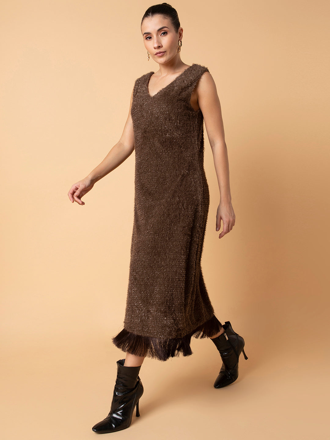Women Solid Brown Maxi A-Line Dress