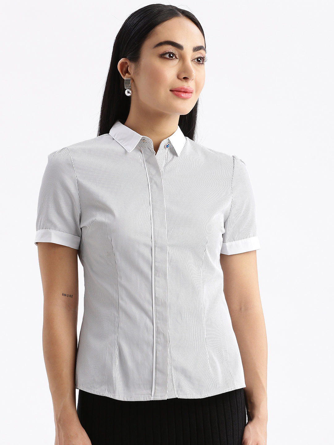 Women Striped Off White Slim Fit Shirt