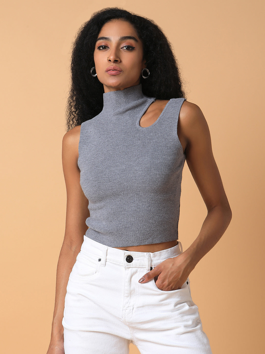 Women Solid Grey Fitted Crop Top
