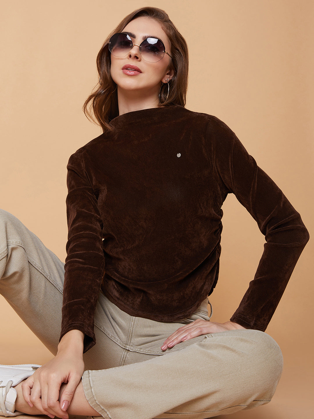 Women Solid Brown Ruched Top