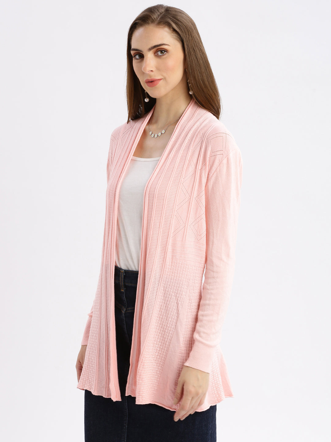 Women Pink Self Design Open Front Longline Shrug