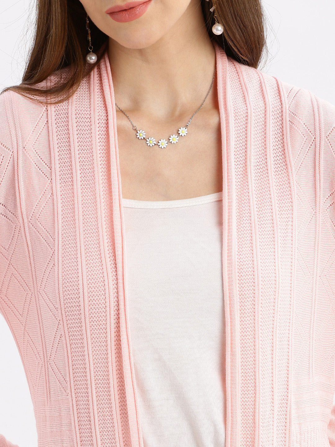 Women Pink Self Design Open Front Longline Shrug