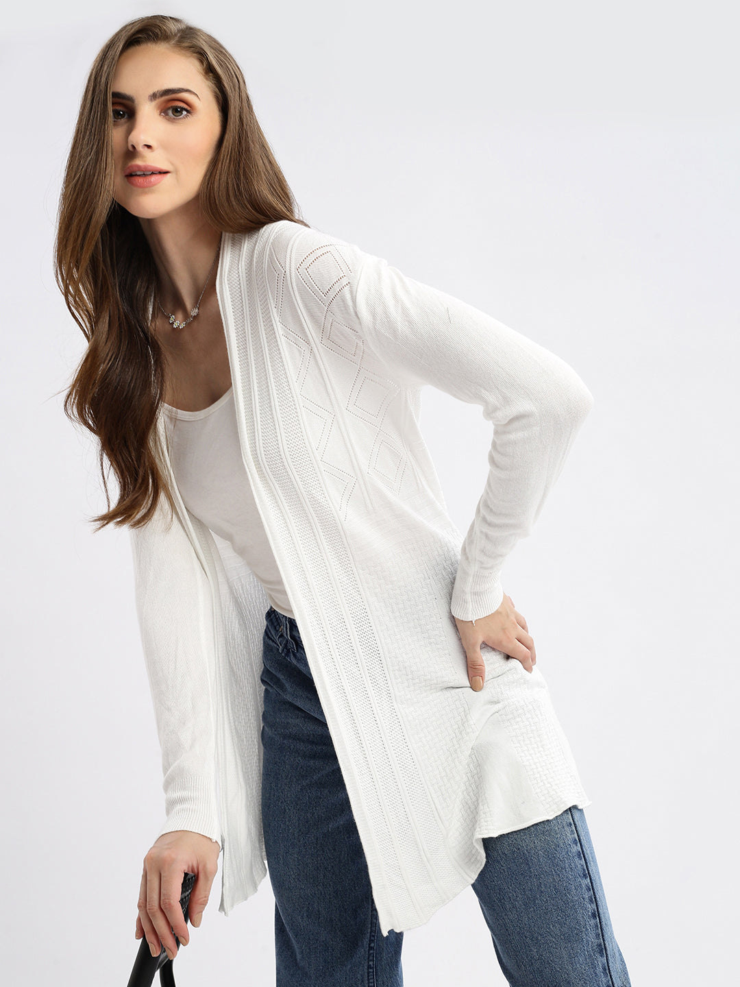 Women White Self Design Open Front Longline Shrug