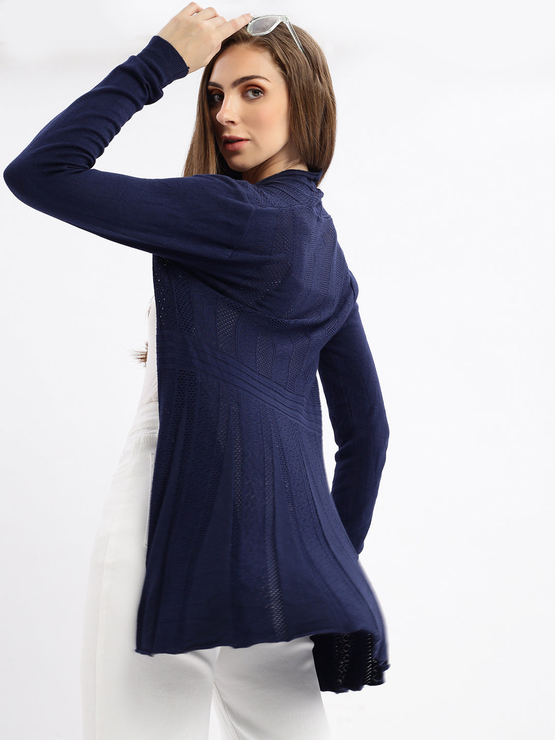 Women Navy Blue Self Design Open Front Longline Shrug