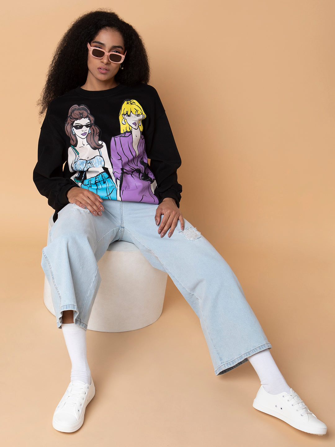 Women Graphic Black Oversized Pullover