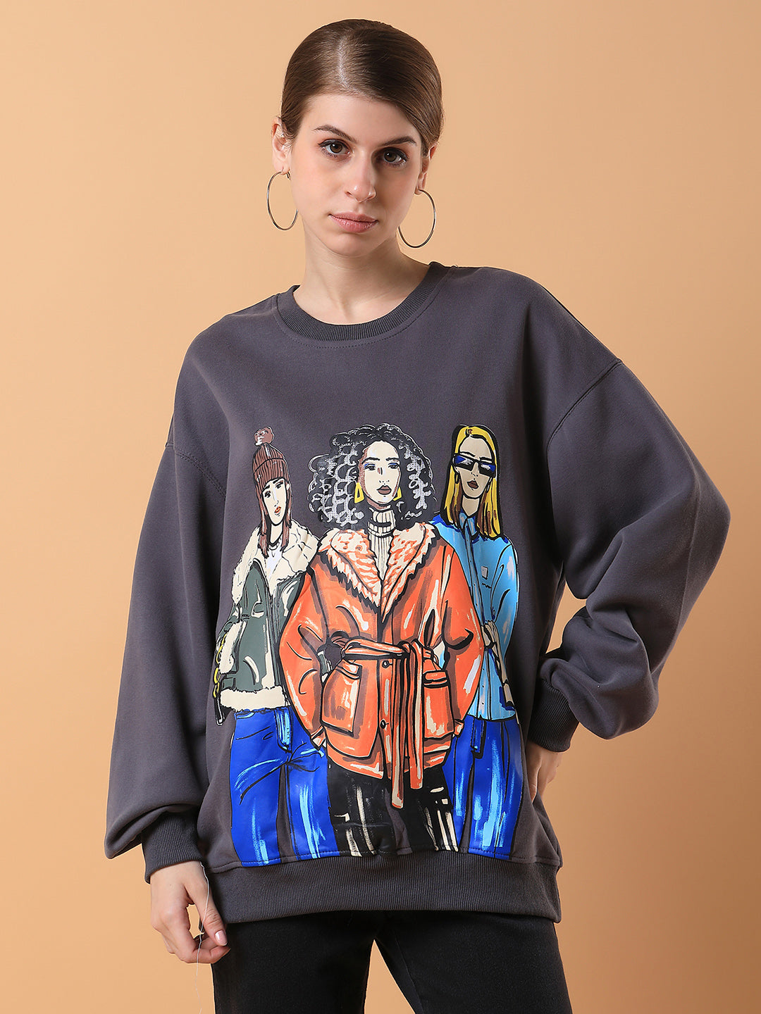 Women Graphic Grey Oversized Pullover