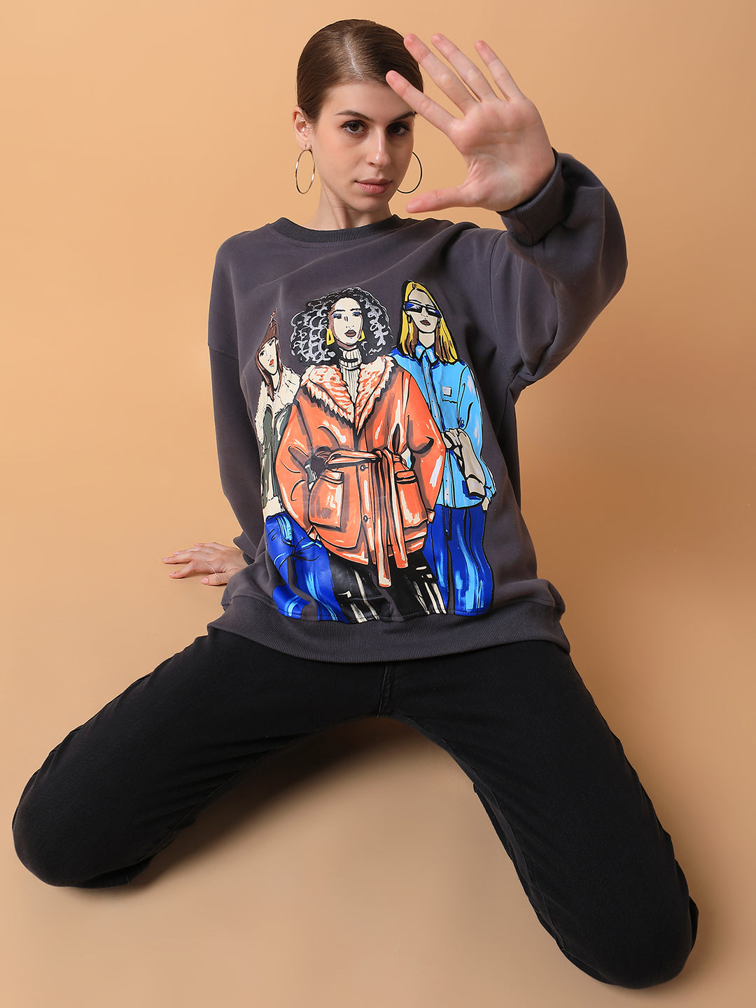 Women Graphic Grey Oversized Pullover