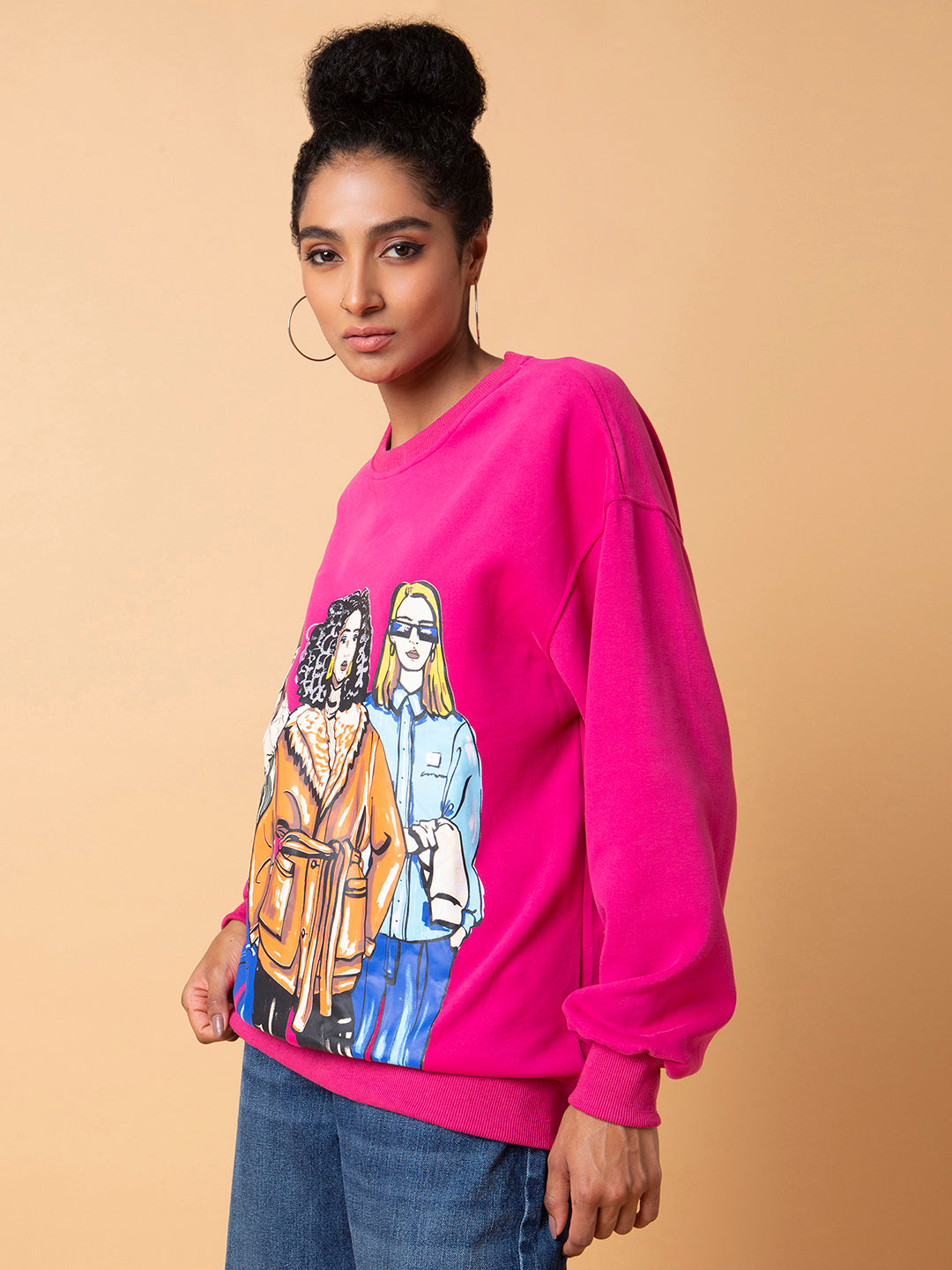 Women Graphic Pink Oversized Pullover