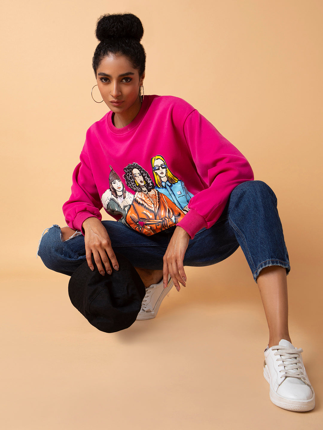 Women Graphic Pink Oversized Pullover