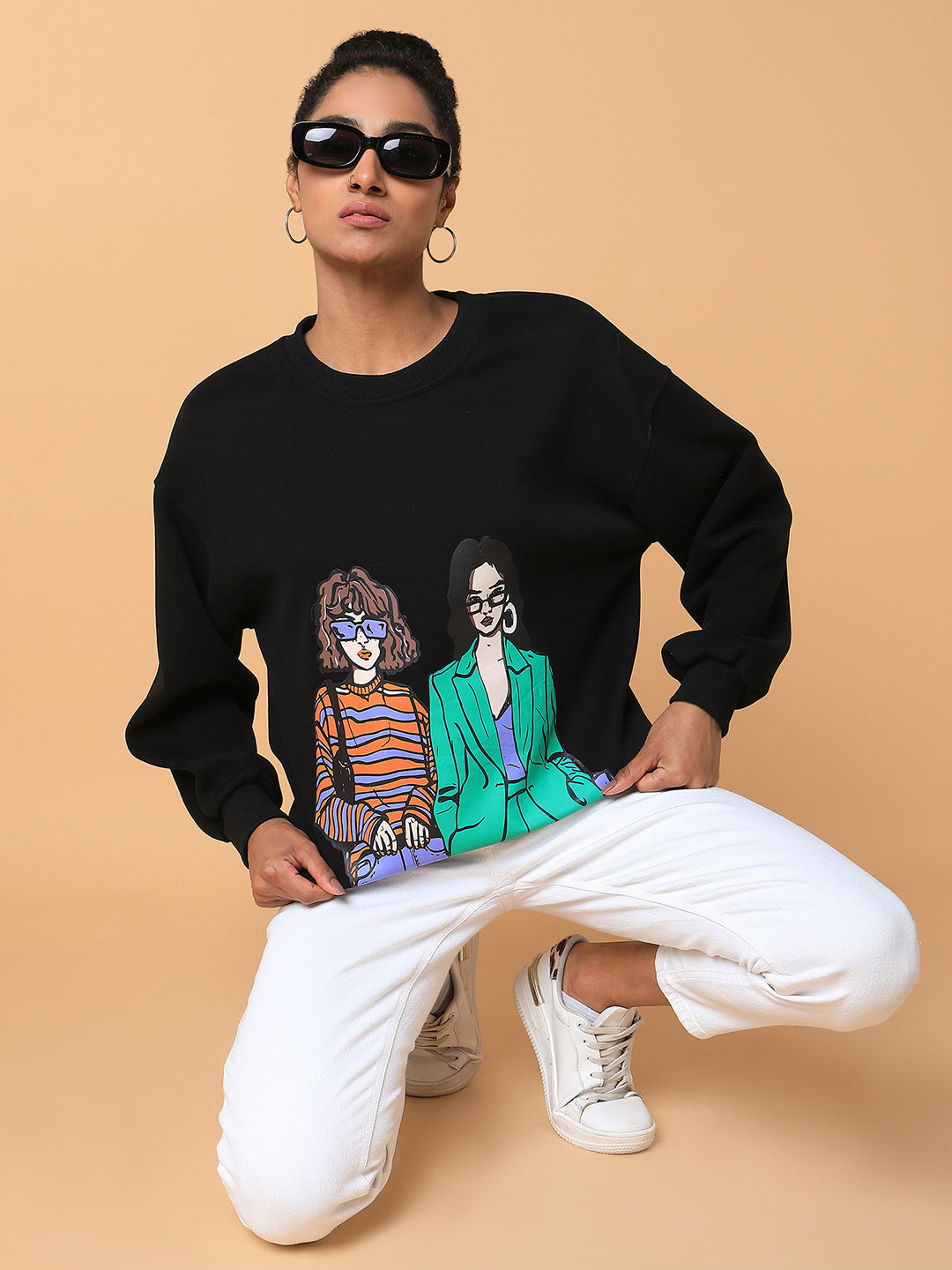 Women Graphic Black Oversized Pullover