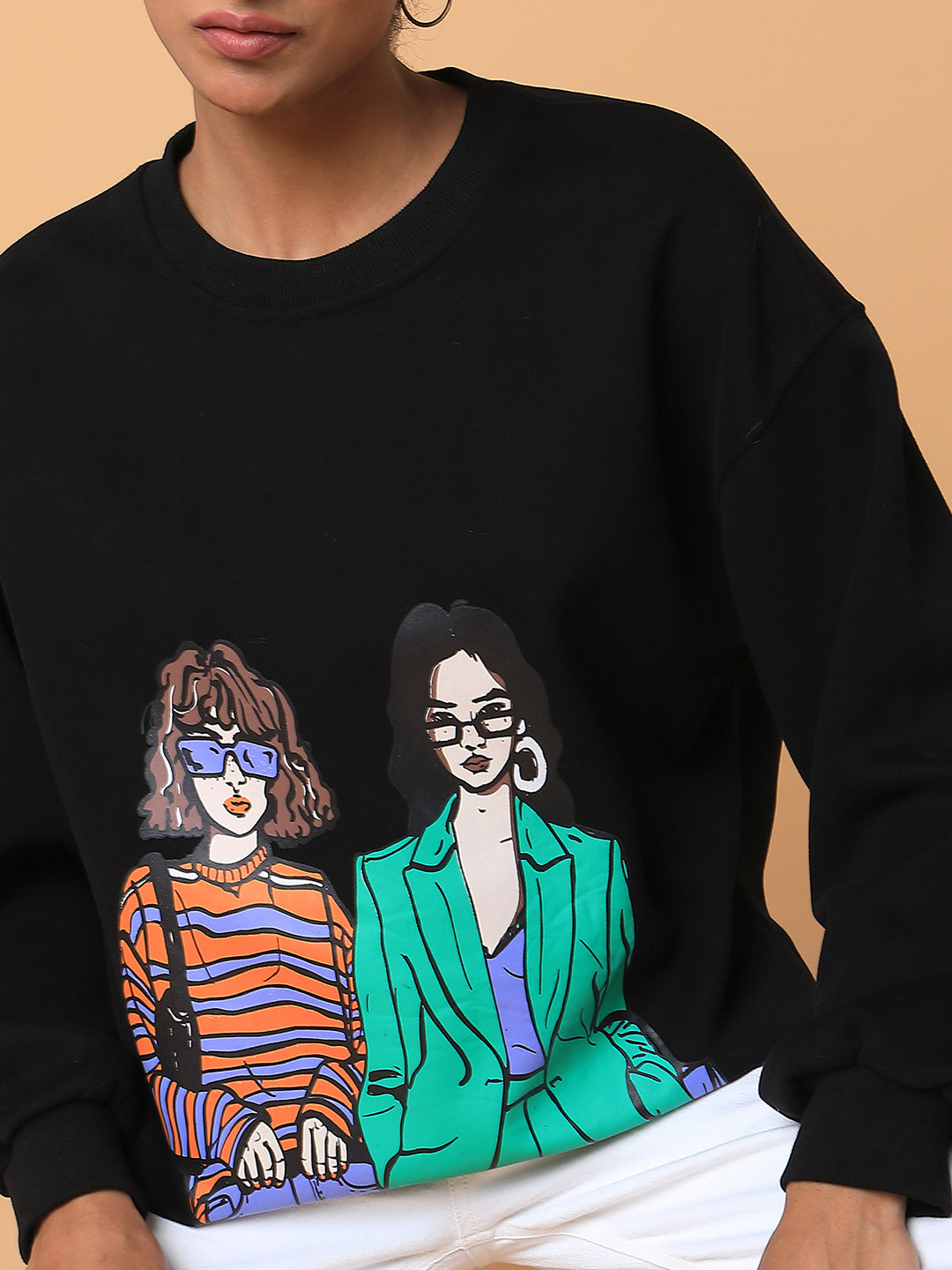 Women Graphic Black Oversized Pullover