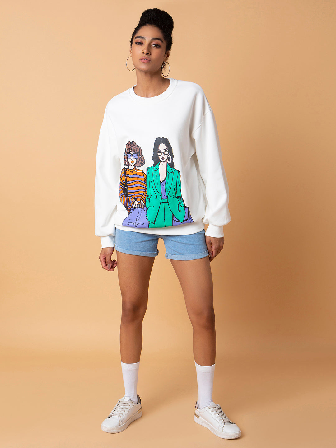 Women Graphic White Oversized Pullover