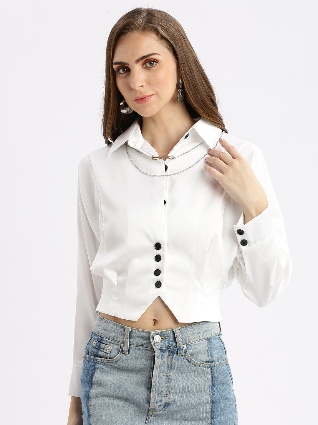 Women Solid White Shirt Style Smocked Top with Neck Chain