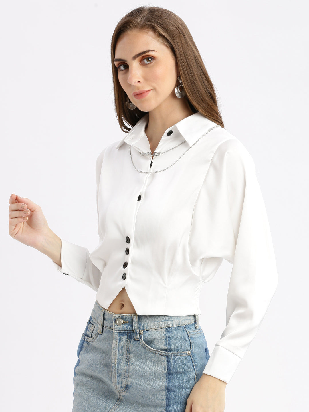 Women Solid White Shirt Style Smocked Top with Neck Chain