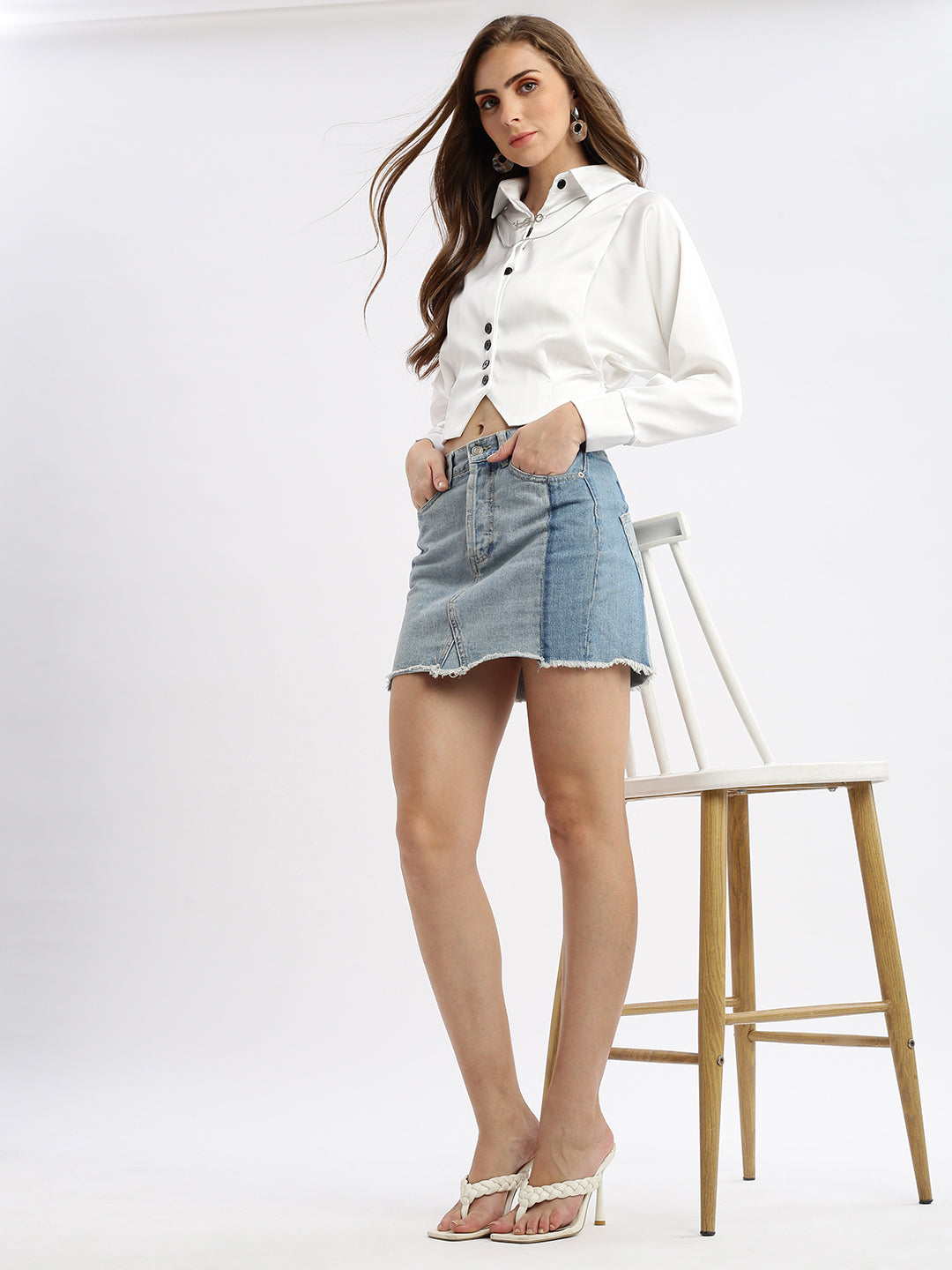 Women Solid White Shirt Style Smocked Top with Neck Chain
