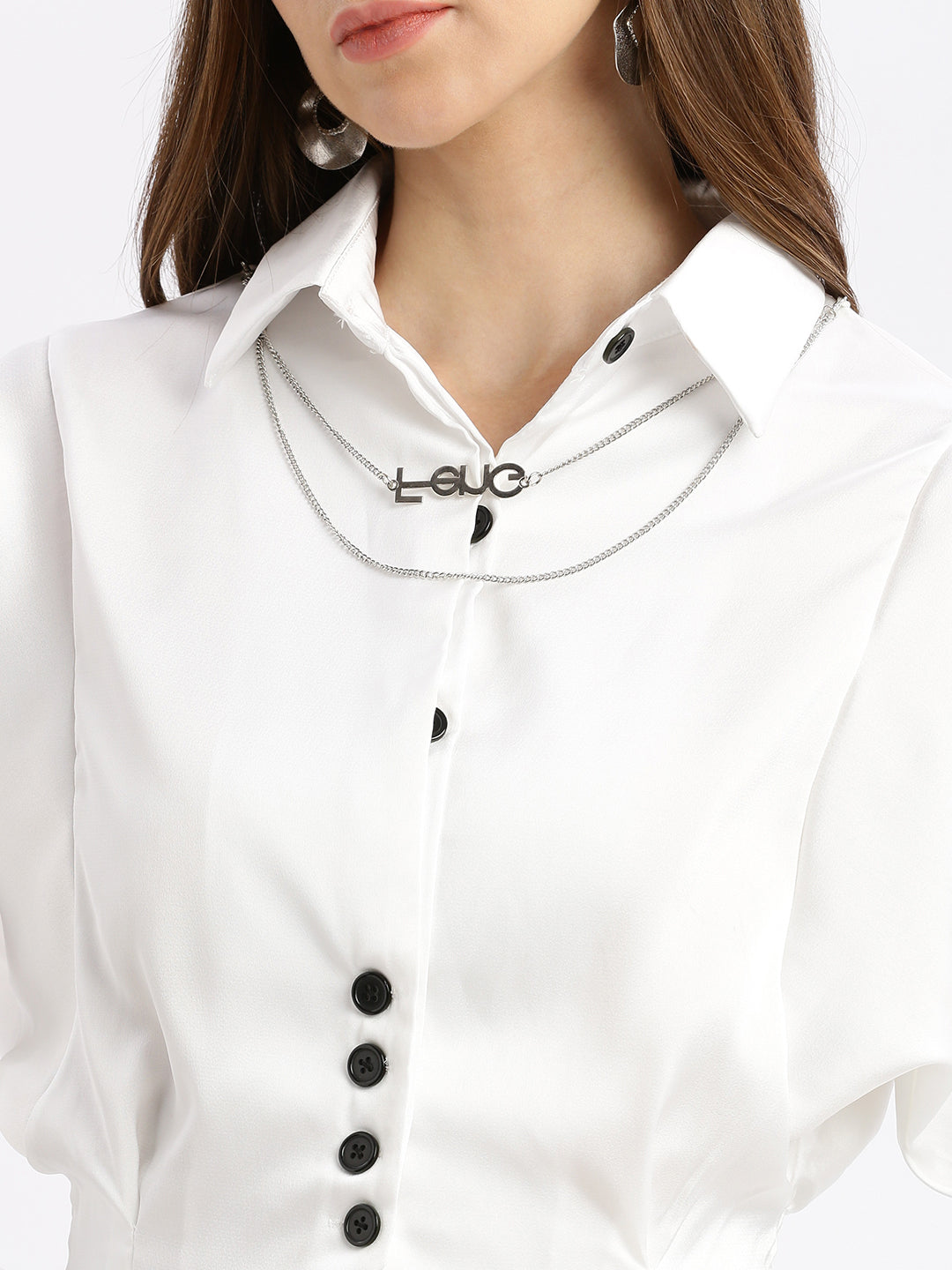 Women Solid White Shirt Style Smocked Top with Neck Chain