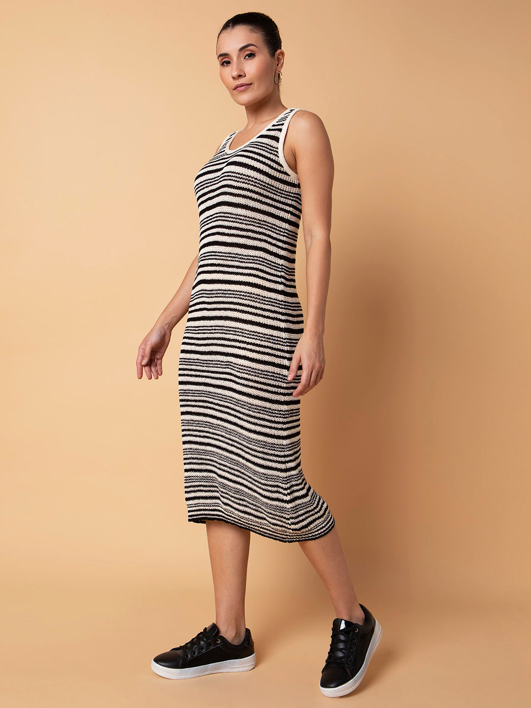 Women Striped Black Midi A-Line Dress