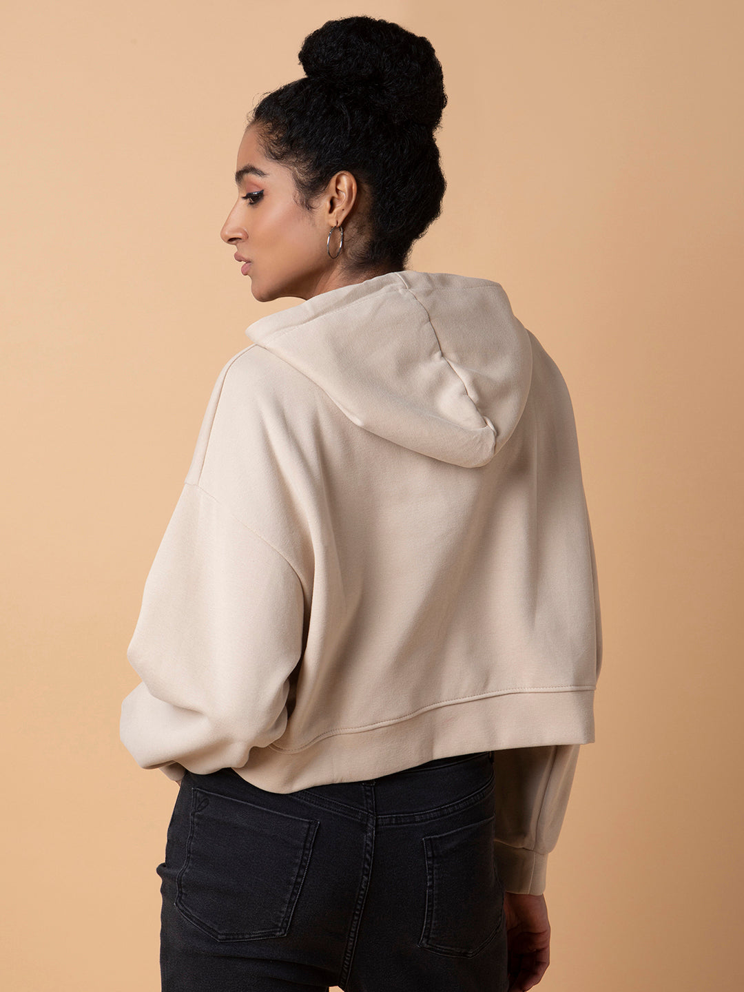 Women Typography Beige Oversized Crop Pullover