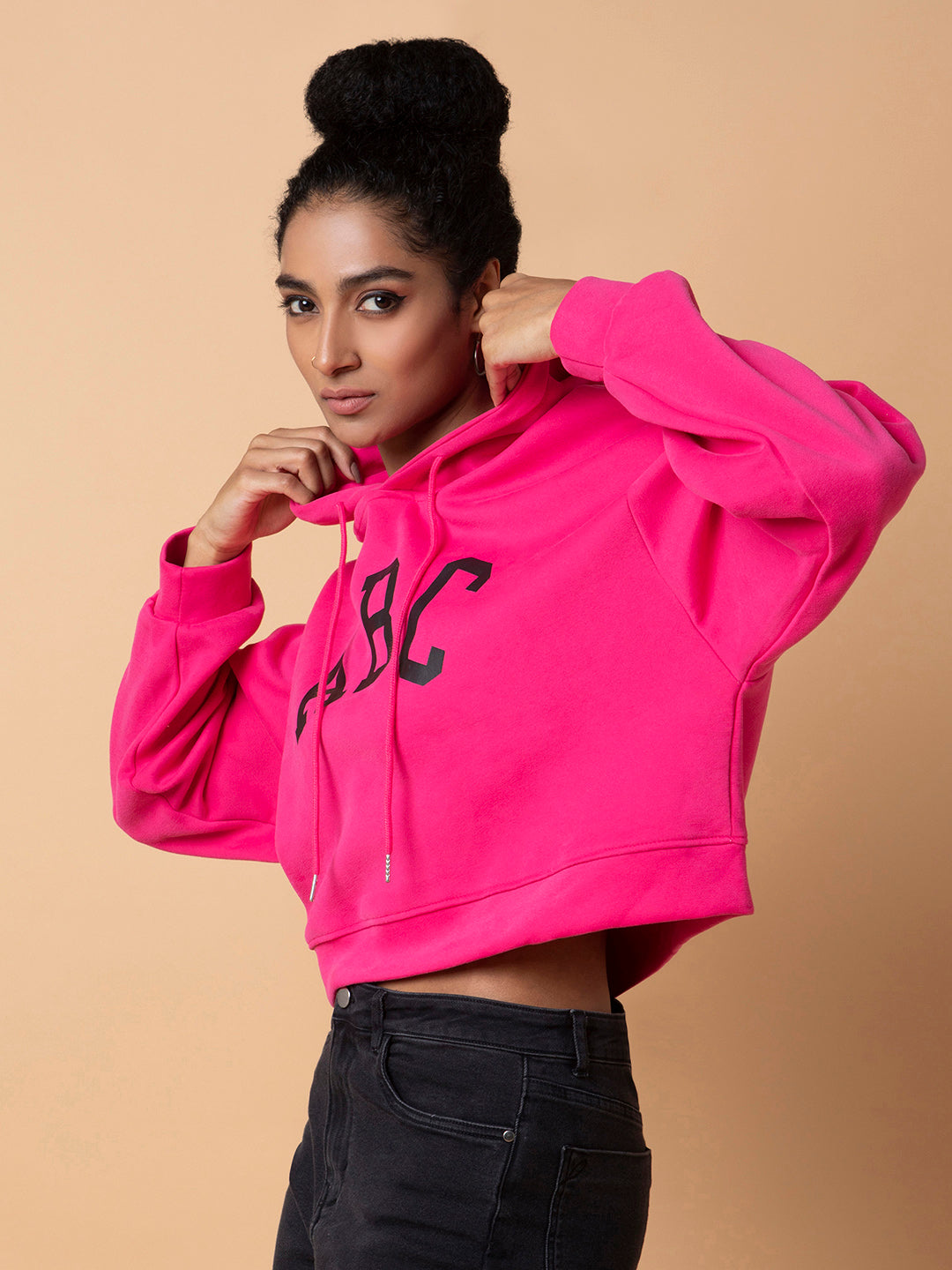 Women Typography Pink Oversized Crop Pullover
