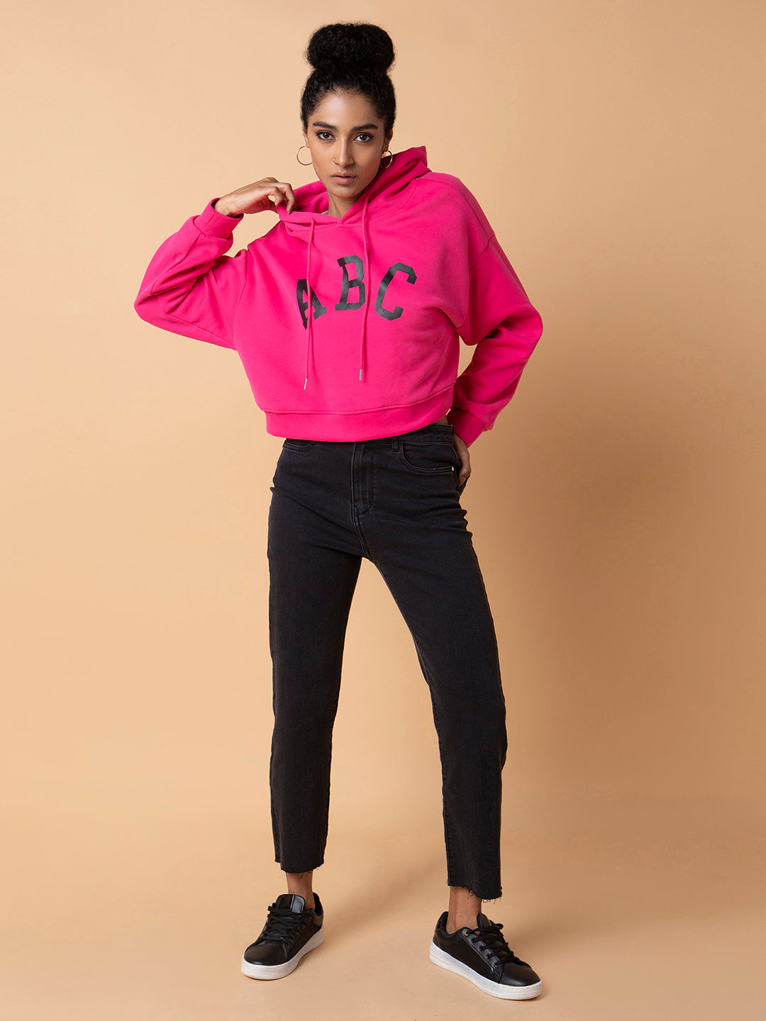 Women Typography Pink Oversized Crop Pullover