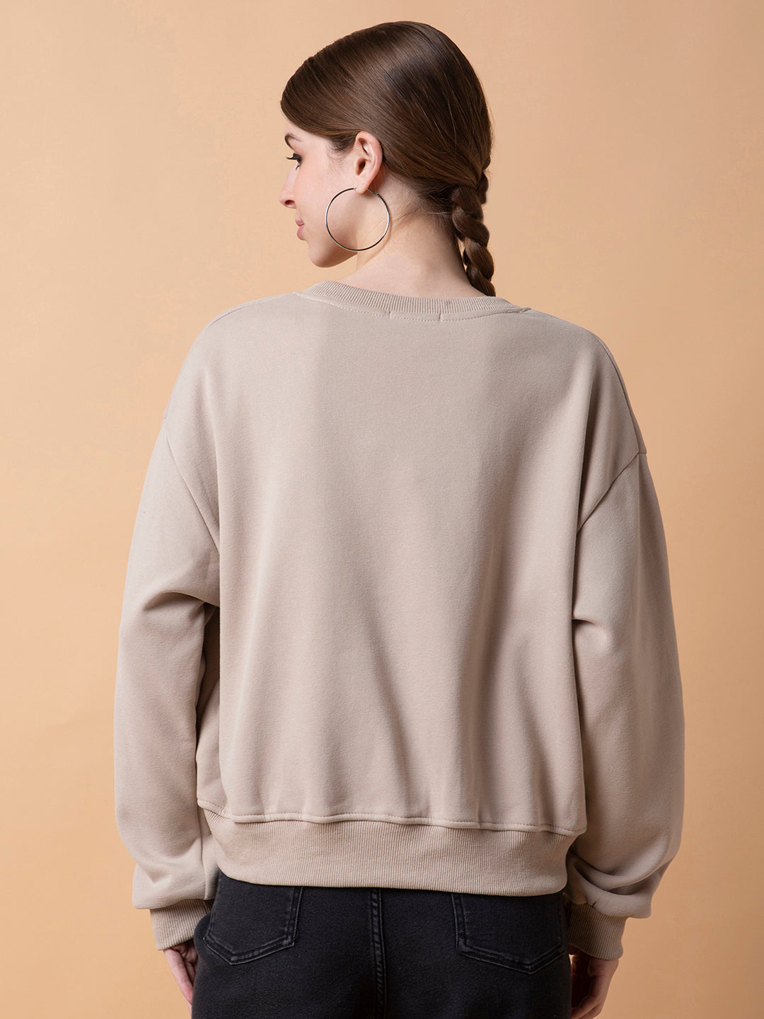 Women Solid Beige Drop Shoulder Pullover