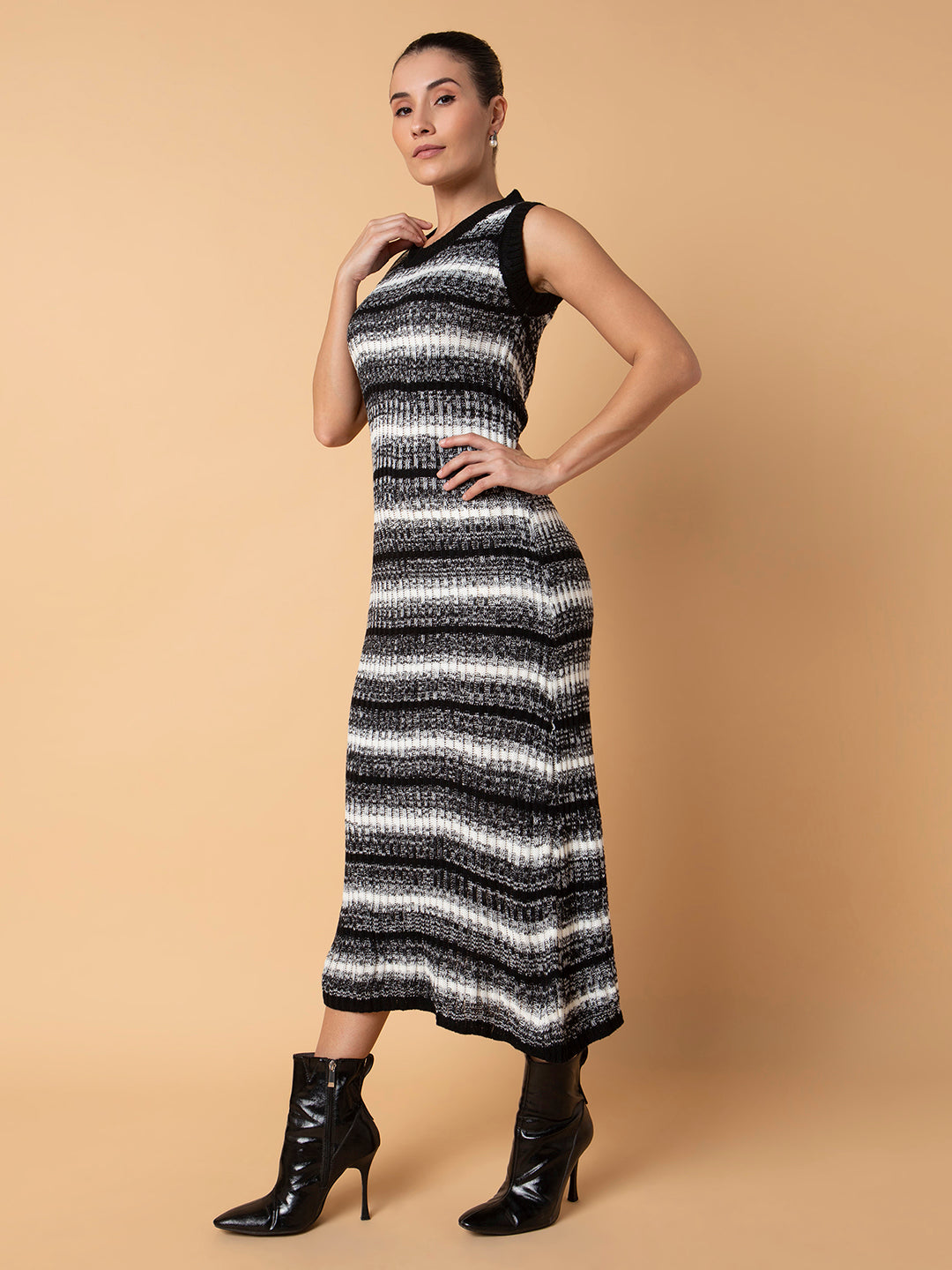 Women Striped Black Midi A-Line Dress
