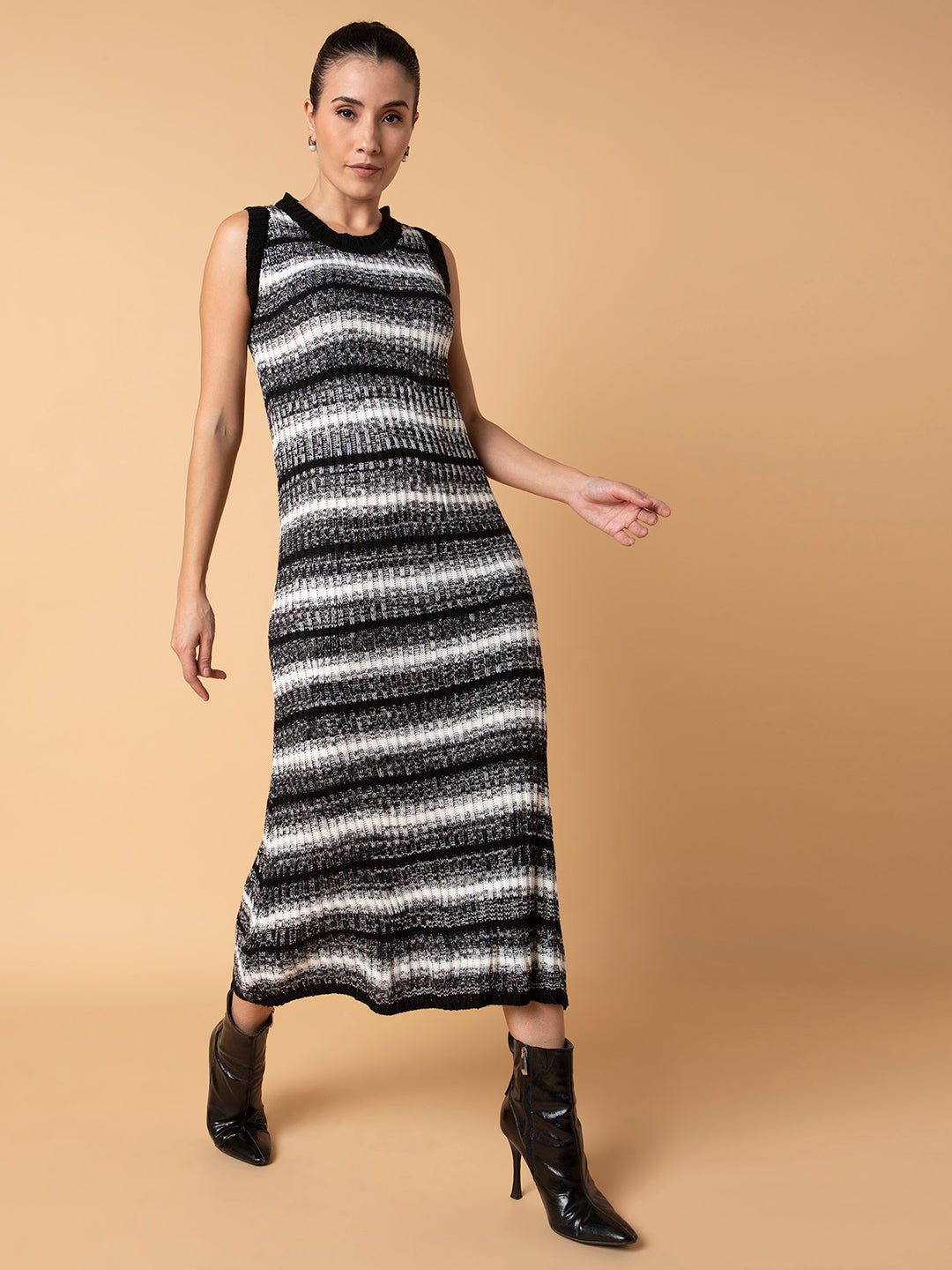 Women Striped Black Midi A-Line Dress