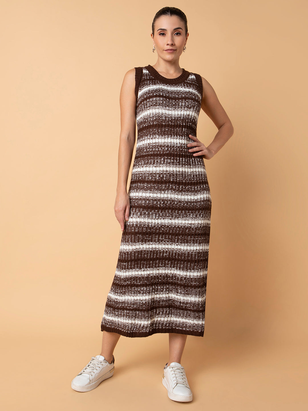 Women Striped Brown Midi A-Line Dress