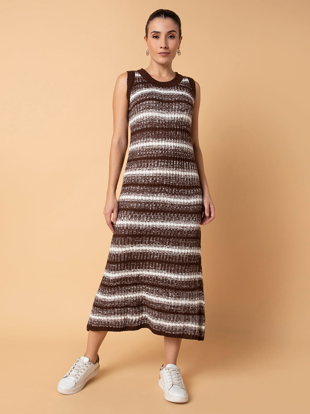 Women Striped Brown Midi A-Line Dress