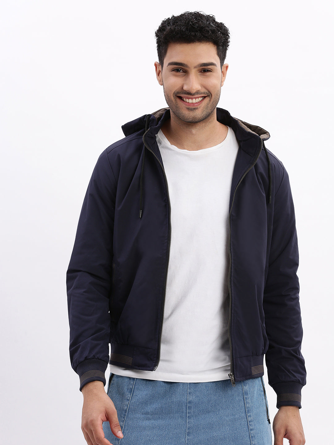 Men Mock Collar Navy Blue Solid Bomber Jacket comes with Detachable Hoodie