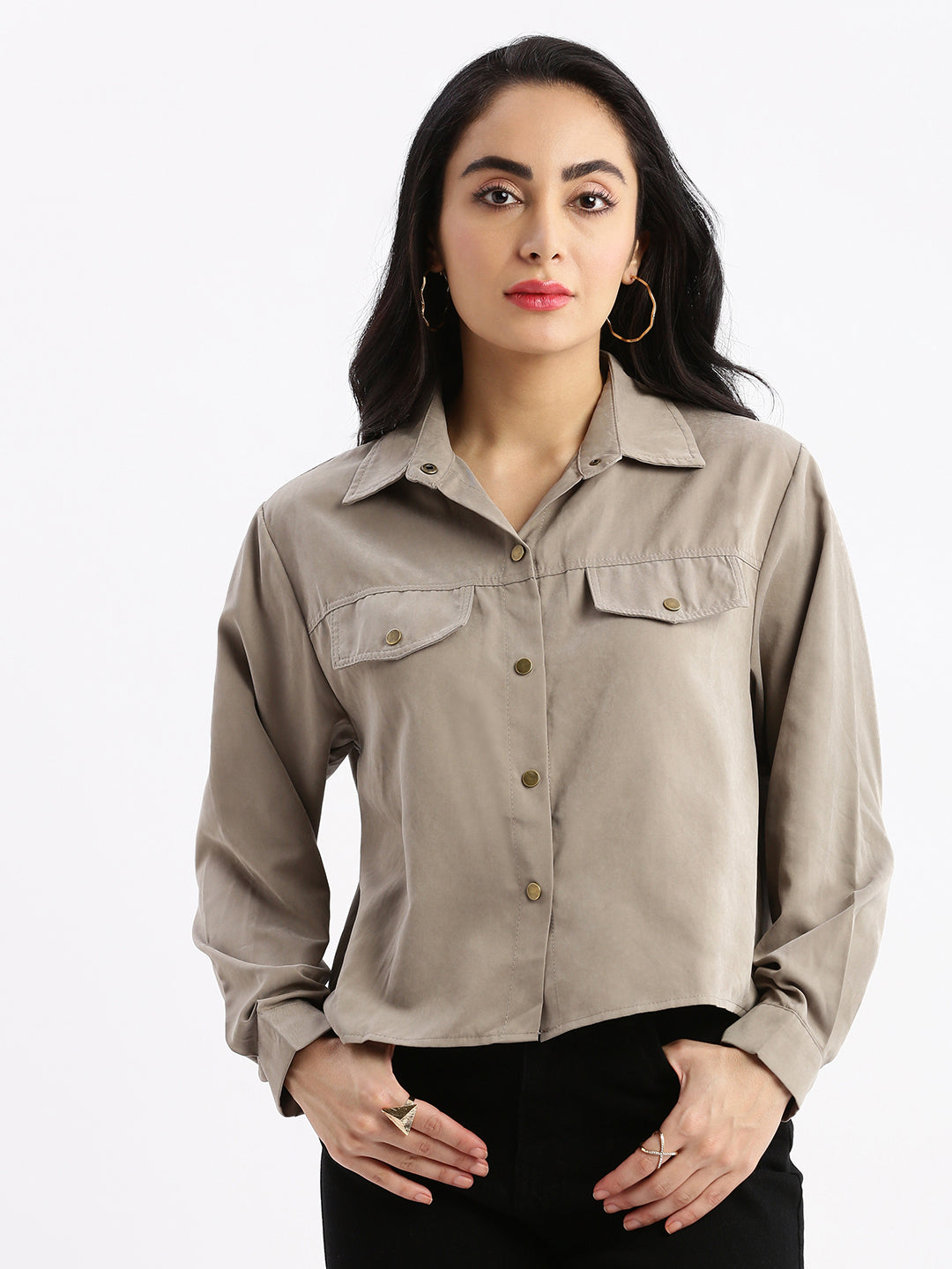 Women Solid Grey Oversized Shirt