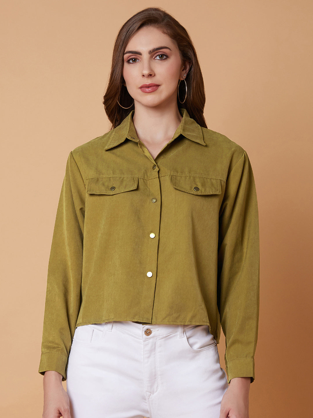 Women Solid Olive Oversized Shirt