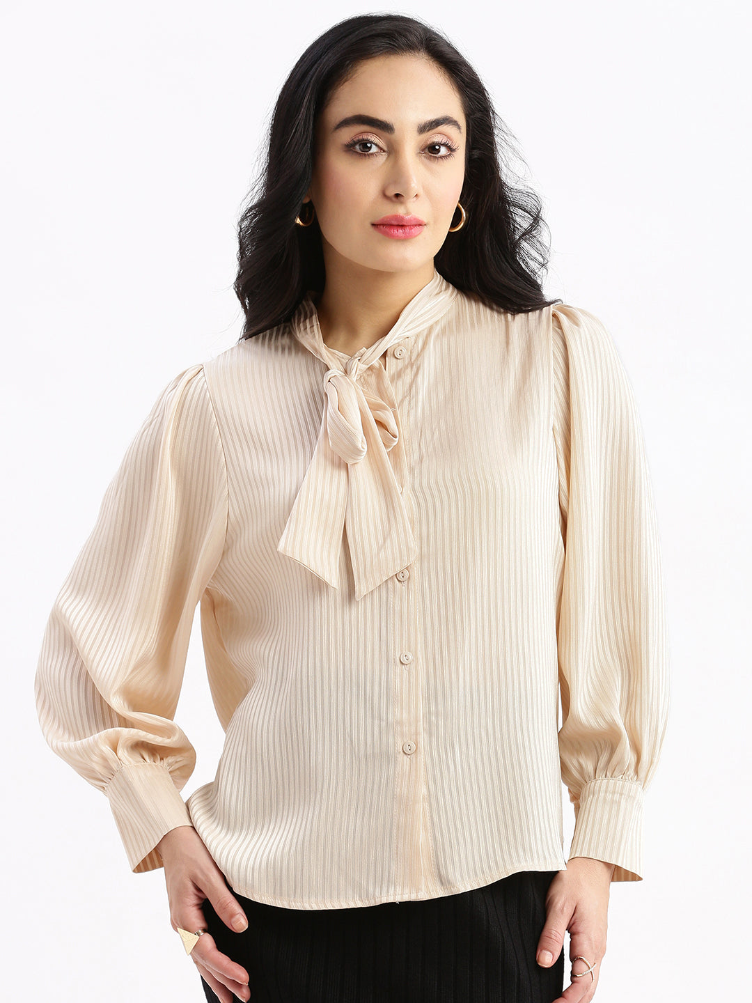 Women Striped Mandarin Collar Cream Shirt