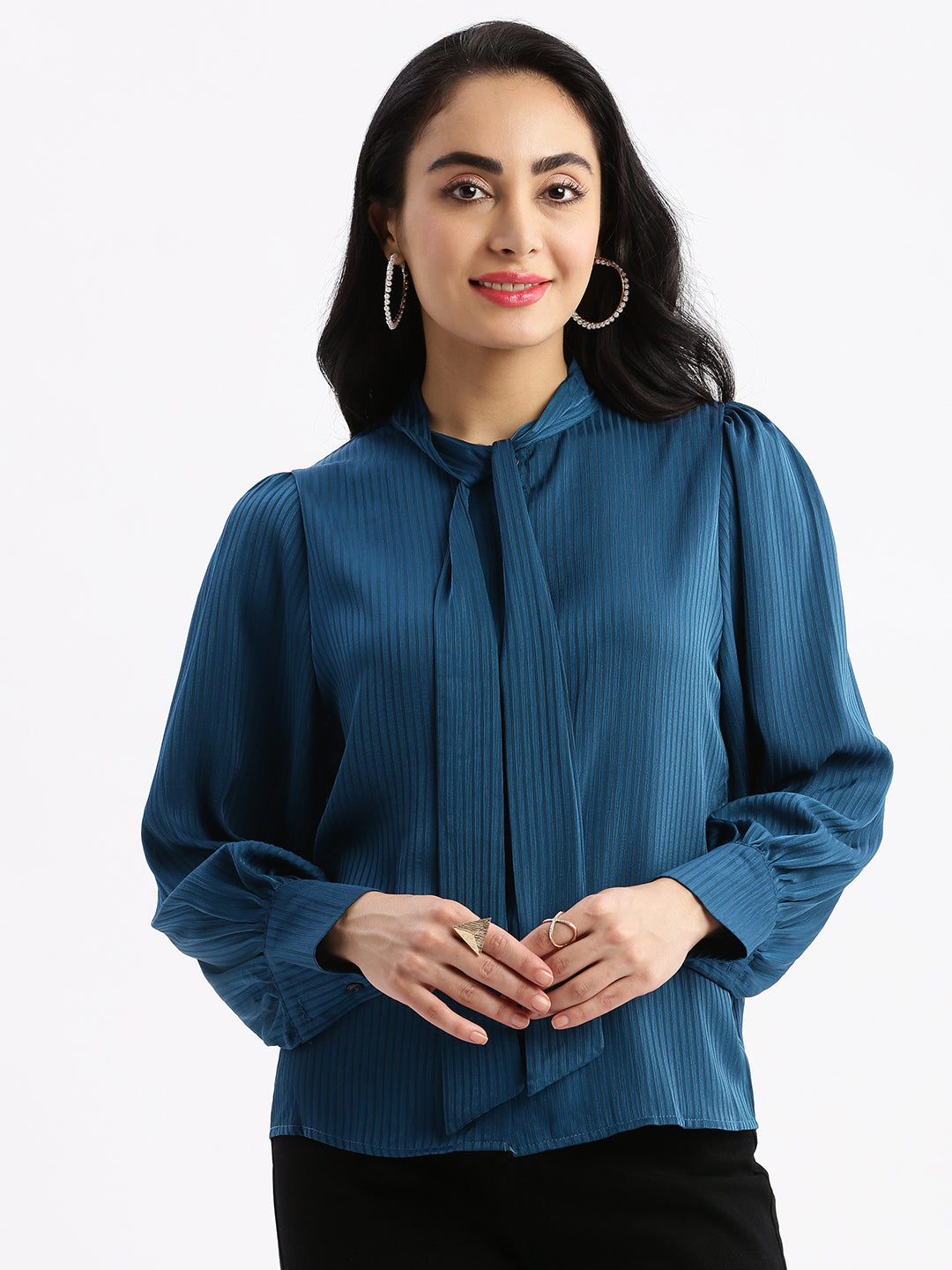 Women Striped Mandarin Collar Teal Shirt