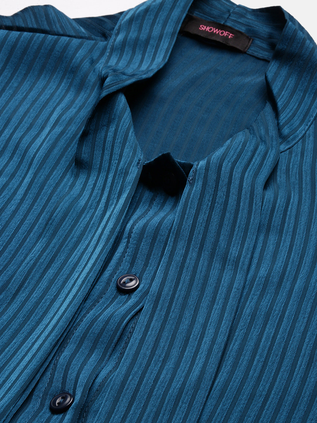 Women Striped Mandarin Collar Teal Shirt