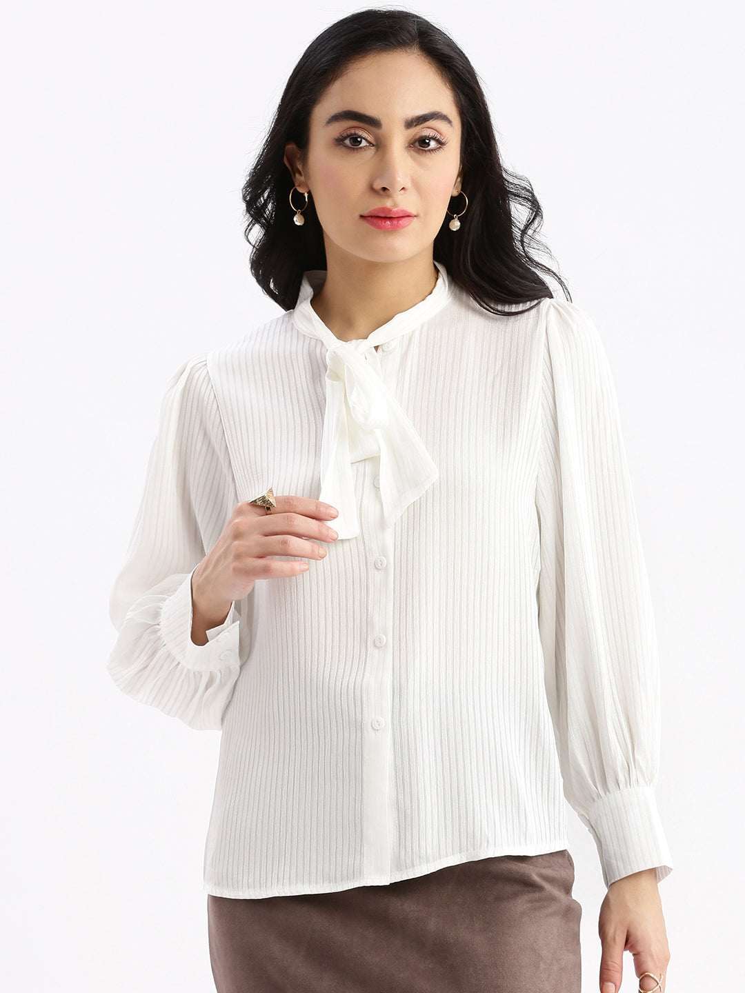 Women Striped Mandarin Collar White Shirt