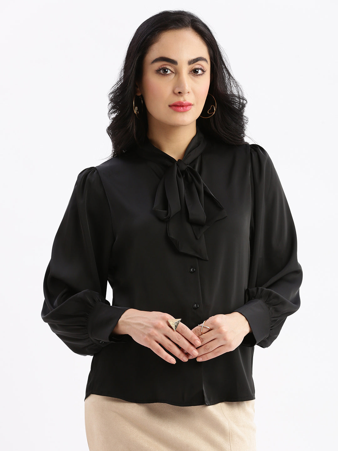 Women Solid Mandarin Collar Black Shirt