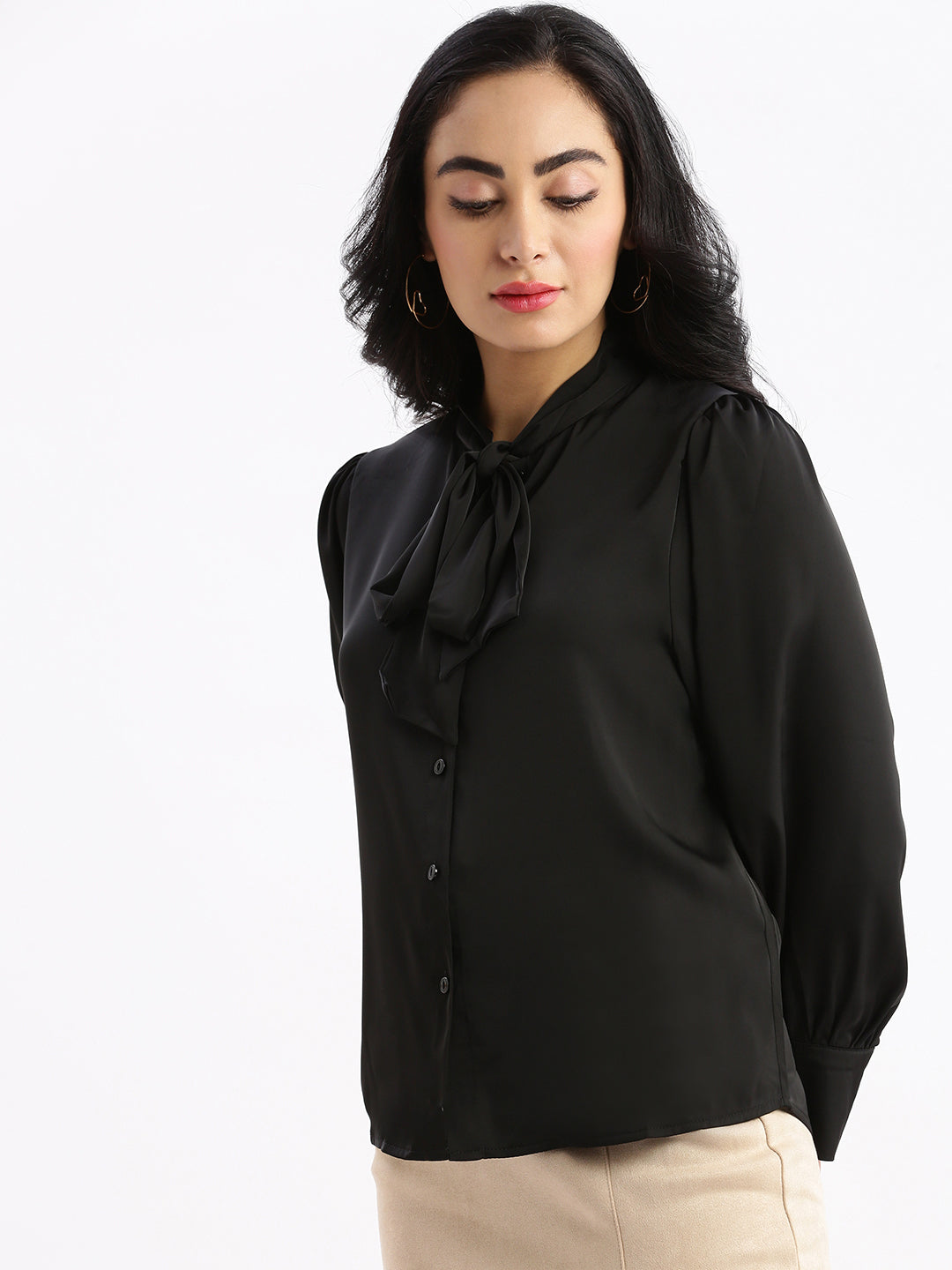 Women Solid Mandarin Collar Black Shirt