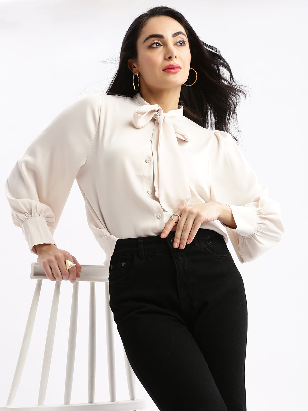 Women Solid Mandarin Collar Cream Shirt