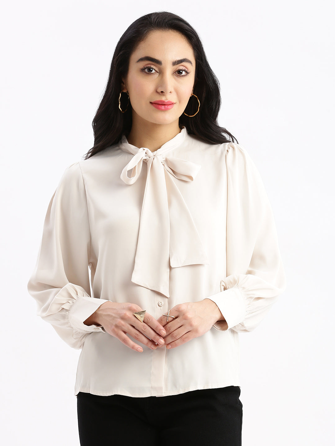 Women Solid Mandarin Collar Cream Shirt