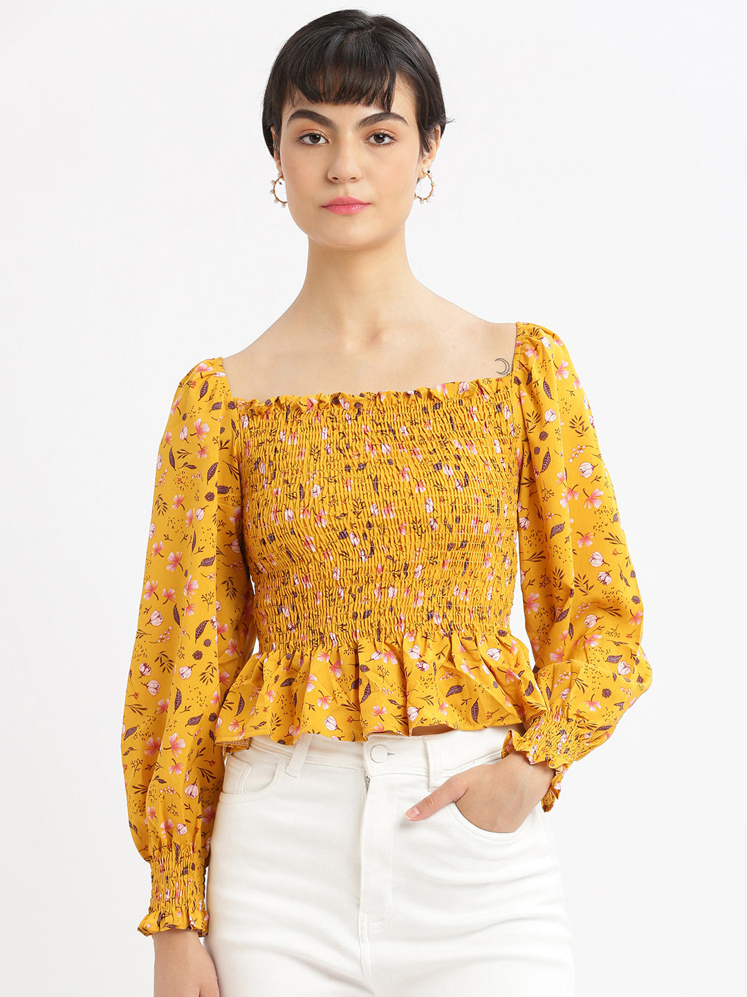 Women Floral Mustard Fitted Crop Top