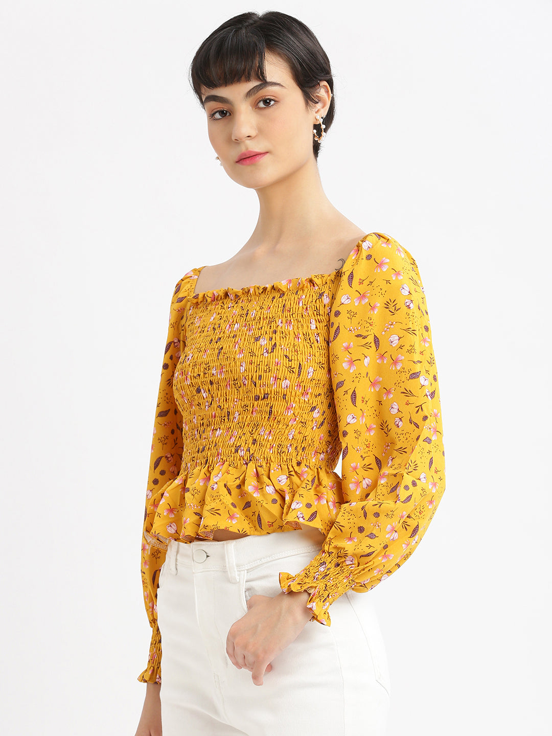 Women Floral Mustard Fitted Crop Top