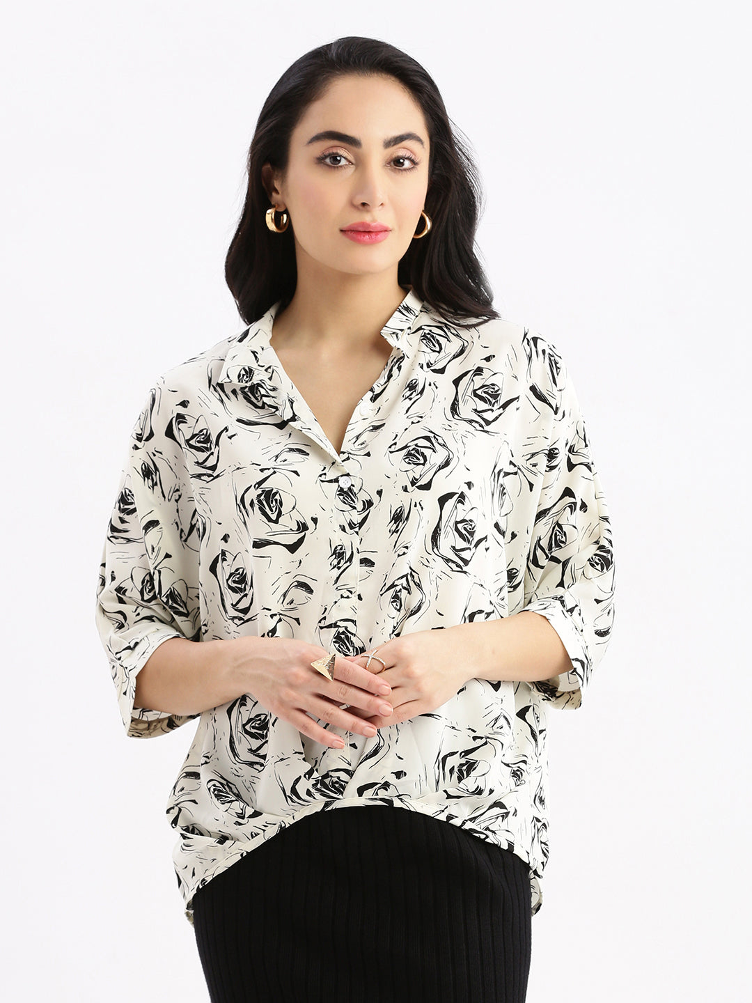 Women Floral Cream Shirt Style Oversized Top