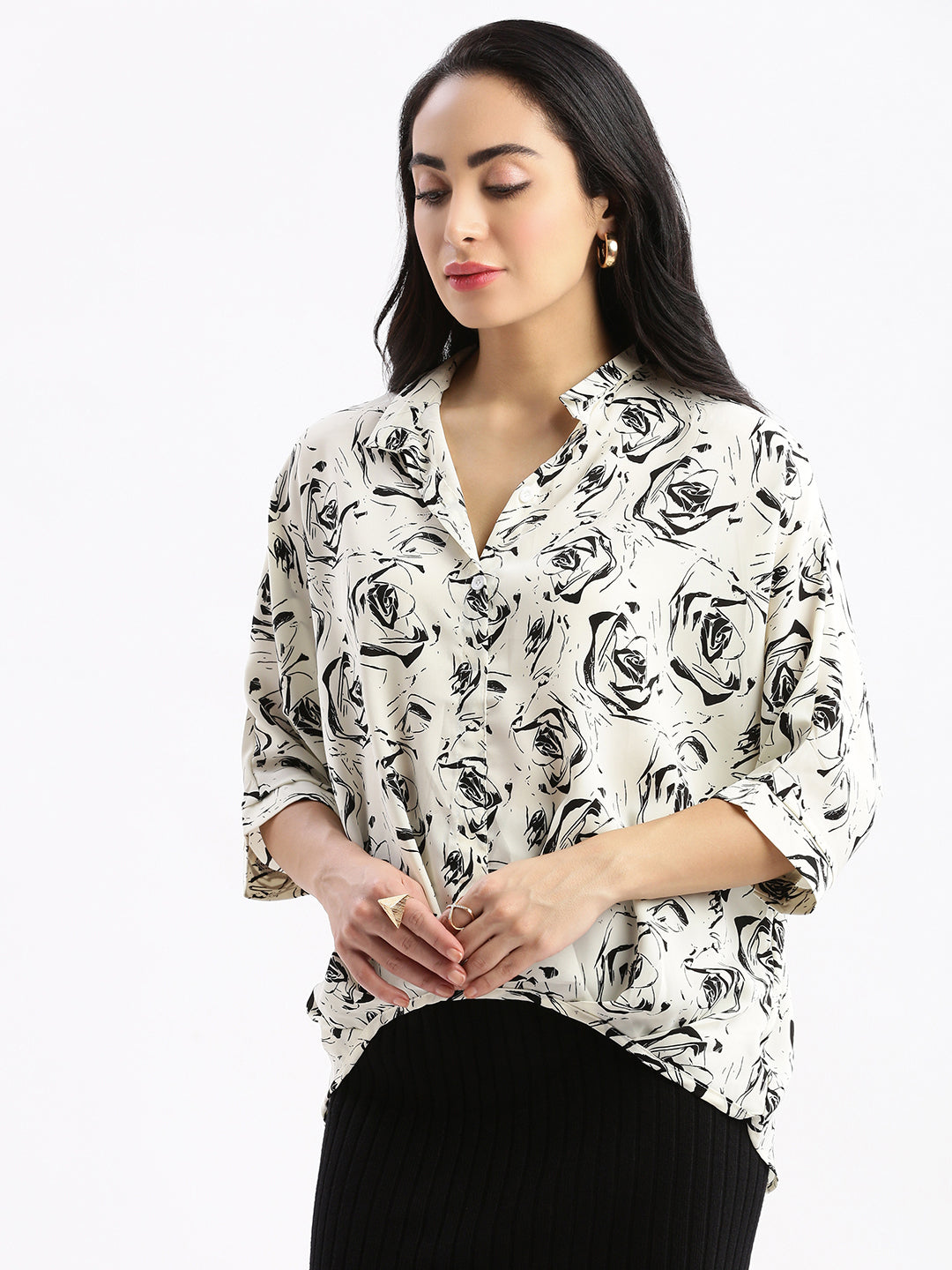 Women Floral Cream Shirt Style Oversized Top