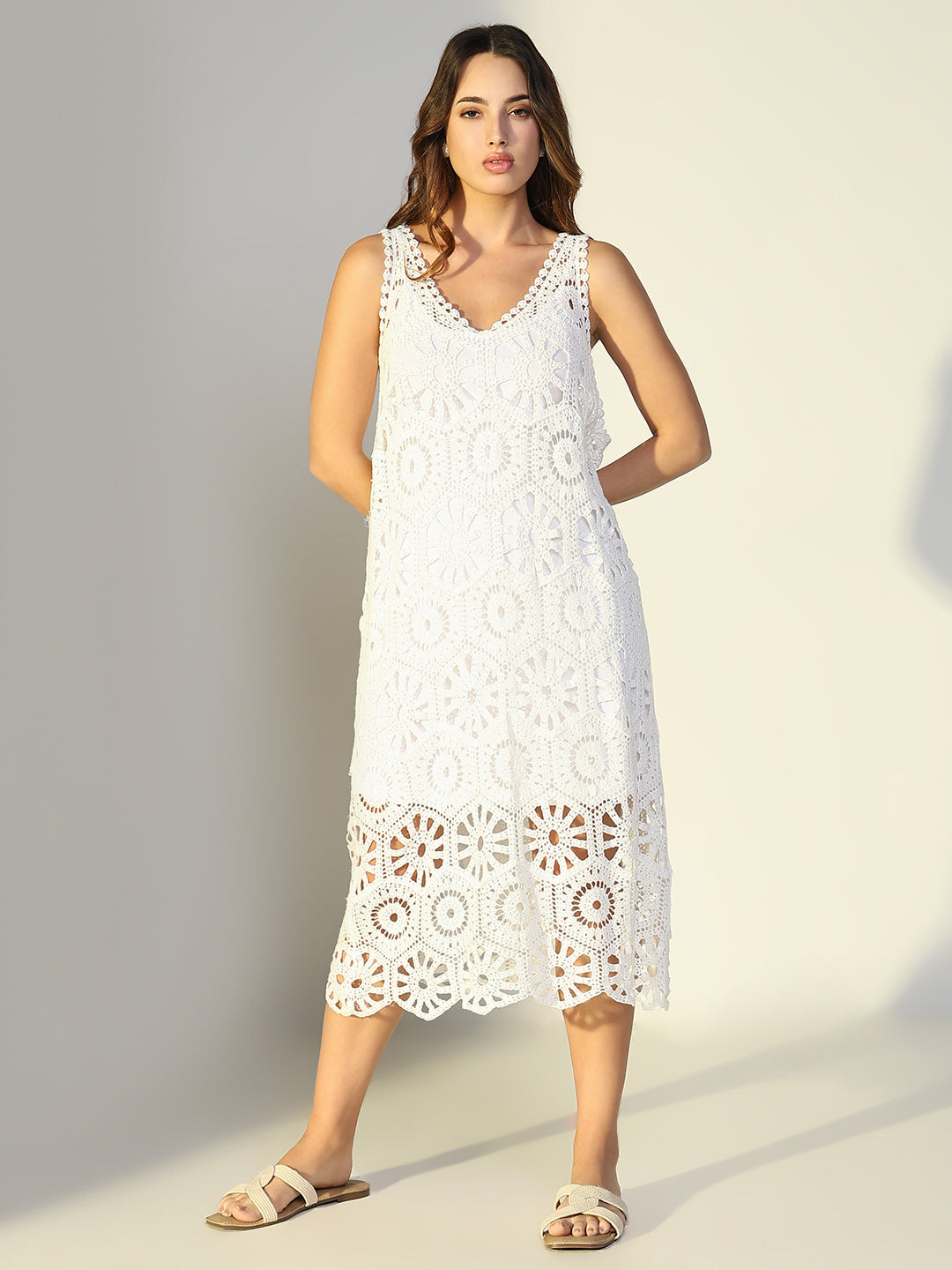 Women White Solid A Line Crochet Dress