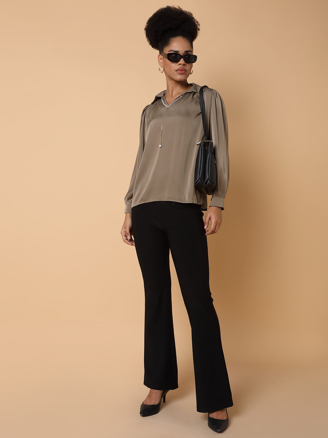 Women Solid Olive Top with Neck Chain